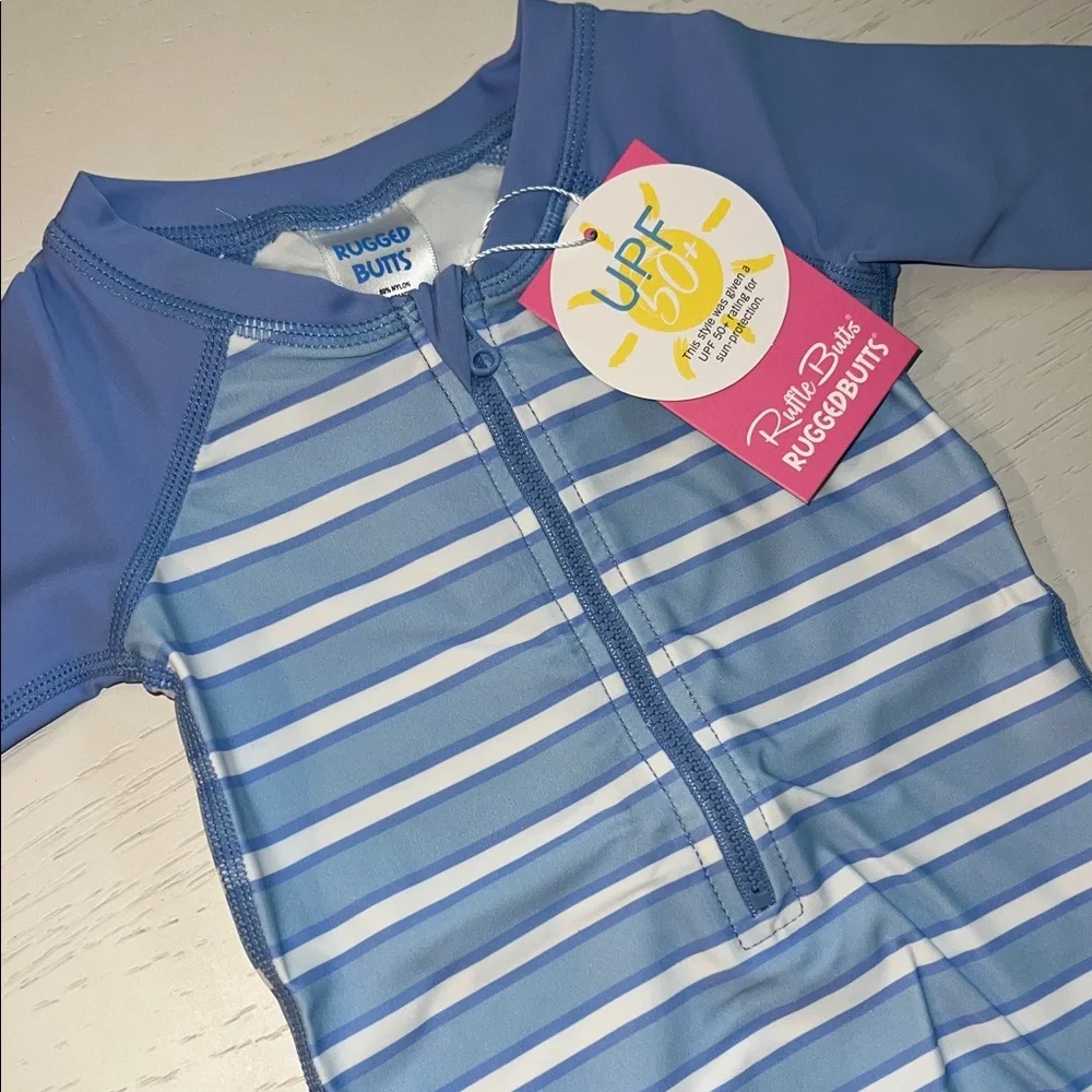 RuggedButts Rufflebutts Blue Striped Baby Boy Rashguard 0-3 months